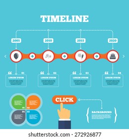 Timeline with arrows and quotes. Birthday party icons. Cake and gift box signs. Air balloon and fireworks symbol. Four options steps. Click hand. Vector