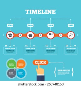 Timeline with arrows and quotes. Chief hat and cooking pan icons. Crosswise fork and knife signs. Boil or stew food symbols. Four options steps. Click hand. Vector