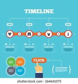 Timeline with arrows and quotes. Clothes icons. T-shirt and bermuda shorts signs. Business tie symbol. Four options steps. Click hand. Vector