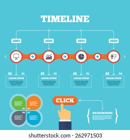 Timeline with arrows and quotes. Diagram graph Pie chart icon. Presentation billboard symbol. Man standing with pointer sign. Four options steps. Click hand. Vector