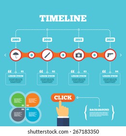 Timeline with arrows and quotes. Gun weapon icon.Knife, umbrella and photo camera signs. Edged hunting equipment. Prohibition objects. Four options steps. Click hand. Vector