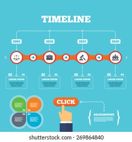 Timeline with arrows and quotes. Scales of Justice icon. Group of clients symbol. Auction hammer sign. Law judge gavel. Court of law. Four options steps. Click hand. Vector