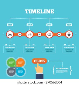 Timeline with arrows and quotes. Transport icons. Taxi car, Bicycle, Public bus and Ship signs. Shipping delivery symbol. Family vehicle sign. Four options steps. Click hand. Vector