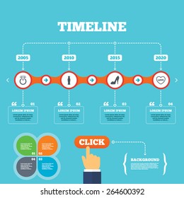 Timeline with arrows and quotes. Wedding slim dress icon. Women's shoe and love heart symbols. Wedding or engagement day ring with diamond sign. Four options steps. Click hand. Vector