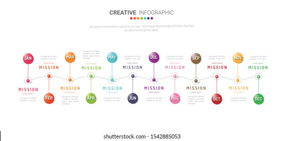 Timeline business for 12 months, 1 year, Timeline infographics design vector and Presentation business can be used for Business concept with 12 options, steps or processes. 