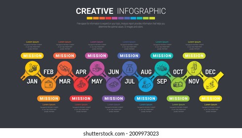 Timeline business for 12 months, 1 year, Timeline infographics design vector and Presentation business can be used for Business concept with 12 options, steps or processes. 