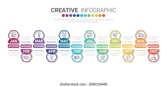 Timeline business for 12 months, 1 year, Timeline infographics design vector and Presentation business can be used for Business concept with 12 options, steps or processes. 