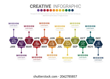 Timeline business for 12 months, Infographics element design and Presentation can be used for Business concept with 12 options, steps or processes. 