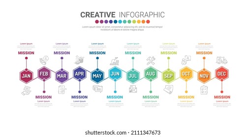 Timeline business for 12 months, Infographics element design and Presentation can be used for Business concept with 12 options, steps or processes. 