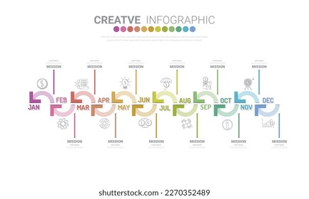 Timeline business for 12 months, Infographics element design and Presentation can be used for Business concept with 12 options, steps or processes. 