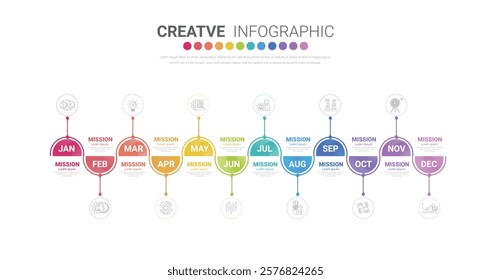 Timeline business for 12 months, Infographics element design and Presentation can be used for Business concept with 12 options, steps or processes. EPS vector.