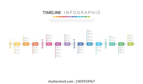 Timeline for business 4 quarter in 1 year, 12 months. Infographic template can be used for workflow, process diagram, flow chart, EPS vector