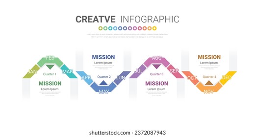 Timeline for business 4 quarter in 1 year, 12 months. Infographic template can be used for workflow, process diagram, flow chart. EPS vector.