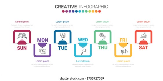 Timeline business for 7 day, 7 options, Timeline infographics design vector and Presentation business can be used for Business concept with 7steps or processes. 