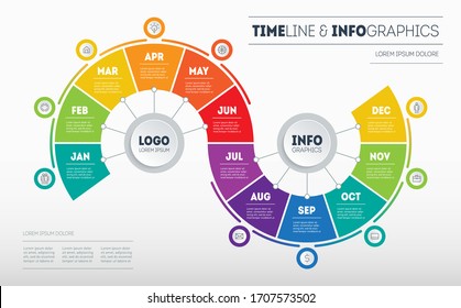 Timeline, Business Infographic concept with 12 months, parts, steps or technology processes. Template for presentation. Time line with icons. Transformation plan for the year. Vector.