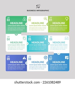 Infografía de negocios de línea de tiempo con diseño de plantilla de rectángulo con iconos, número y 9 opciones o pasos,Ilustración vectorial.