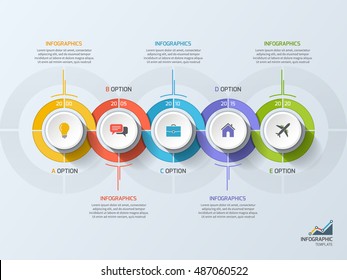 Timeline business infographic template with 5 steps, processes, parts, options. Vector illustration.