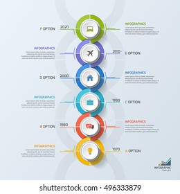 Timeline business infographic template with 6 steps, processes, parts, options. Vector illustration.