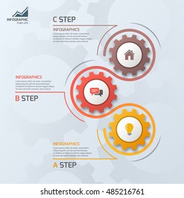 Timeline business infographic template with gears cogwheels 3 steps, processes, parts, options. Vector illustration.