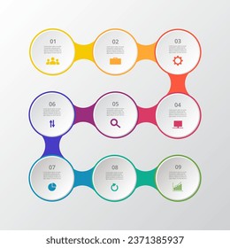 Timeline, Business-Präsentation oder Infografik mit 9 Optionen.