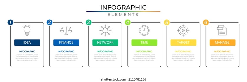 Elementos infográficos de la hoja de ruta de negocios de la línea de tiempo planean el vector de diseño de concepto con iconos. Plantilla de proyecto de red Rectangle seis para presentación e informe.