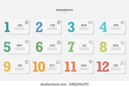 Plantilla infográfica de calendario de línea de tiempo. Viaje de línea de tiempo de 12 pasos, infografías simples de Plan de año plano. Concepto de negocio con 12 opciones, Ilustración vectorial de diagrama.