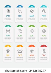 Plantilla infográfica de calendario de línea de tiempo. Viaje de línea de tiempo de 12 pasos, infografías simples de Plan de año plano. Concepto de negocio con 12 opciones, Ilustración vectorial de diagrama.