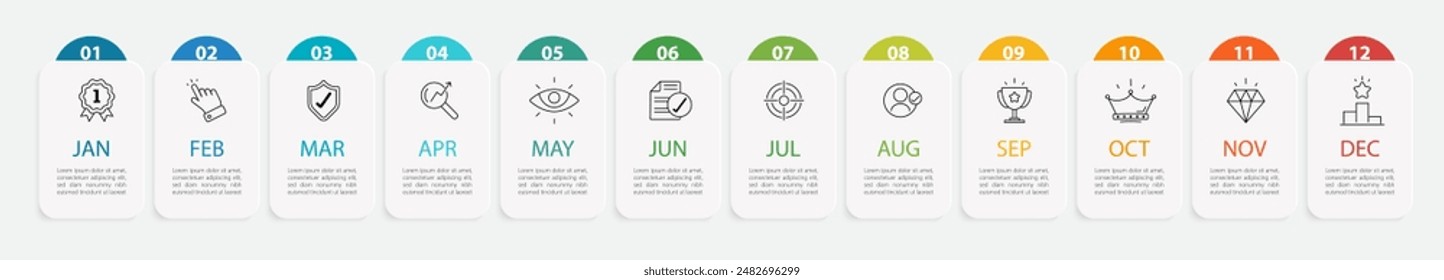 Infografik-Vorlage des Zeitachsenkalenders. 12 Schritt Zeitleiste Reise, Einfache flache Jahr Paket Infografiken. Geschäftskonzept mit 12 Optionen, Diagramm-Vektorillustration.