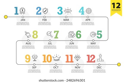 Plantilla infográfica de calendario de línea de tiempo. Viaje de línea de tiempo de 12 pasos, infografías simples de Plan de año plano. Concepto de negocio con 12 opciones, Ilustración vectorial de diagrama.