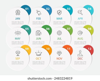 Plantilla infográfica de calendario de línea de tiempo. Viaje de línea de tiempo de 12 pasos, infografías simples de Plan de año plano. Concepto de negocio con 12 opciones, Ilustración vectorial de diagrama.