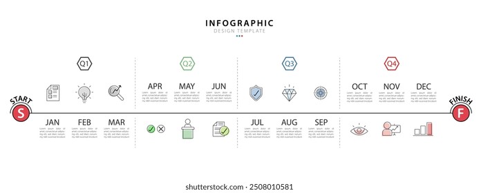 Timeline calendar infographic template. 12 Step timeline journey, Simple flat year plan infographics. Business concept with 12 options, diagram vector illustration.