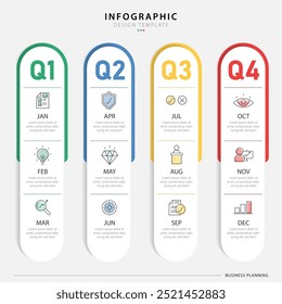 Timeline calendar infographic template. 12 Step timeline journey, Simple flat year plan infographics. Business concept with 12 options, diagram vector illustration.