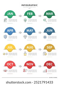 Plantilla de infografía de calendario de línea de tiempo. Viaje de la línea de tiempo de 12 pasos, infografías simples de Plan de año plano. Concepto de negocio con 12 opciones, Ilustración vectorial de diagrama.