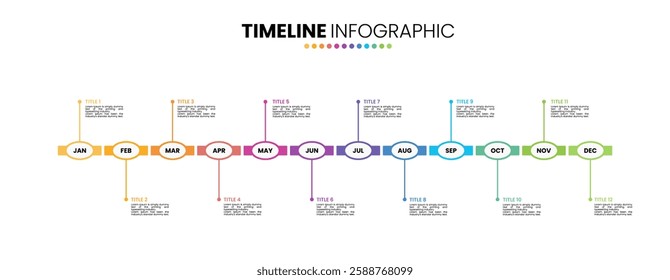 Timeline calendar infographic template 12 months, 1 year. Presentation template with 12 options or steps.	