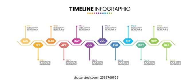 Timeline calendar infographic template 12 months, 1 year. Presentation template with 12 options or steps.	
