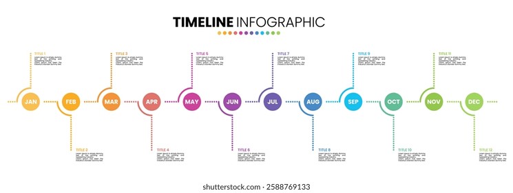 Timeline calendar infographic template 12 months, 1 year. Presentation template with 12 options or steps.	