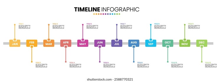 Timeline calendar infographic template 12 months, 1 year. Presentation template with 12 options or steps.	