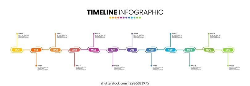 Timeline calendar infographic template design 12 months, 1 year. Presentation elements with 12 options or steps.	