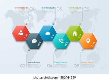 Timeline chart infographic template with 6 options for presentations, advertising, layouts, annual reports, web design.