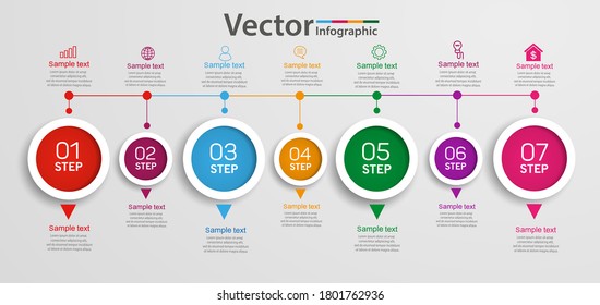 Timeline chart infographic template with 7 options for presentations, advertising, layouts, annual reports, web design. Vector circle infographic Eps 10