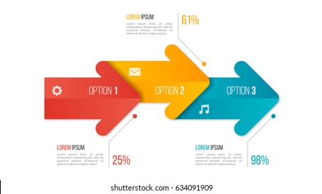 Timeline Chart Infographic Template With Arrows. 3 Options, Steps, Parts, Processes. Vector Illustration.