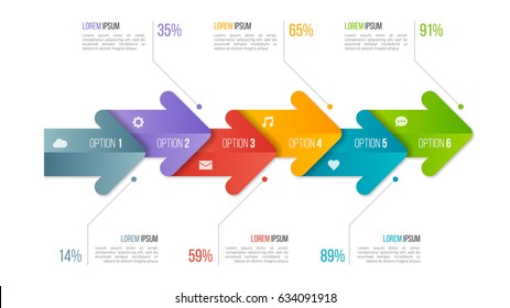 Timeline chart infographic template with arrows. 6 options, steps, parts, processes. Vector illustration.