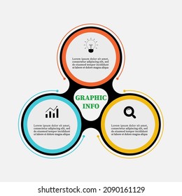 Diseño de la infografía del círculo de la línea de tiempo de tres elementos. Presentar el concepto de negocio con 3 pasos, opciones, círculos. Se puede utilizar para diseño de flujo de trabajo, diagrama, etiqueta, planificación, informe anual o presentación.	