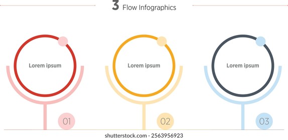 Timeline circle infographic with infochart. Modern presentation template with 3 spets for business process. Website template on white background for concept modern design. Horizontal layout.