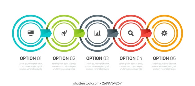 Timeline Circle Infographic Template with Lines, Icon and 5 Numbers for Presentation, Flowchart.