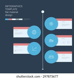 Timeline circle infographics template. Menu options elements. Material design layout. Line art icons, graphs and charts. Project management concept. Eps10 vector illustration.