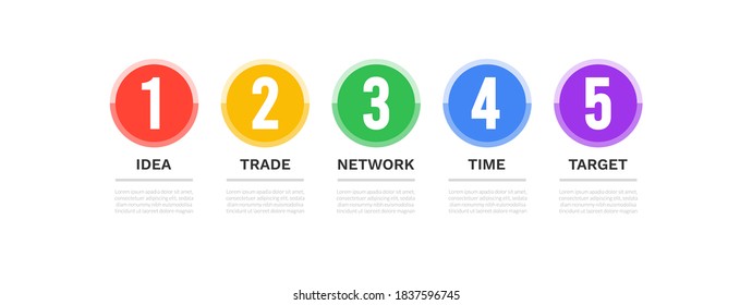 Diseño de infografía circular de línea de tiempo con cinco objetivos. Plantilla de proceso de gráfico. Vector moderno para proyectos y presentaciones de empresas o empresas. 