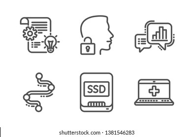 Timeline, Cogwheel and Graph chart icons simple set. Ssd, Unlock system and Medical help signs. Journey path, Idea bulb. Science set. Line timeline icon. Editable stroke. Vector