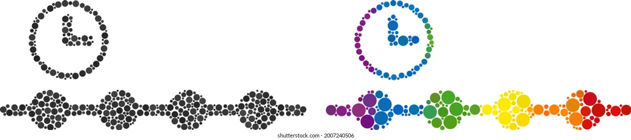 Timeline composition icon of filled circles in various sizes and spectrum color tones. A dotted LGBT-colored timeline for lesbians, gays, bisexuals, and transgenders.