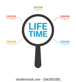 Timeline Concept: Magnifying Optical Glass With Words Life Time. Vector illustration